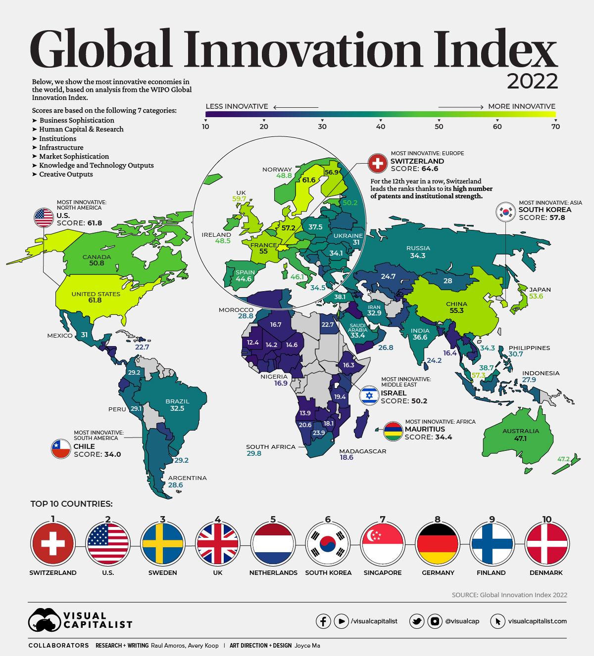 Diese Infografik zeigt die innovativsten Länder der Welt, basierend auf dem Global Innovation Inde* (GII) 2023, der von der Weltorganisation für geistiges Eigentum erstellt wurde.