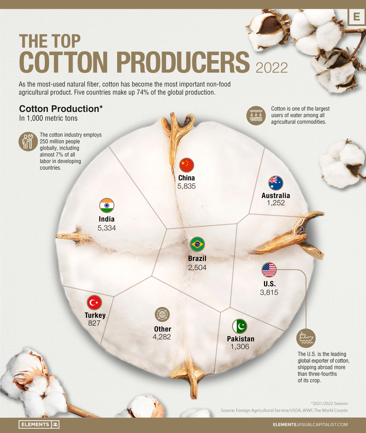 Die Infografik listet mit Stand 2022 die weltweit führenden Baumwollproduzenten auf, basierend auf Daten des US-Landwirtschaftsministeriums.