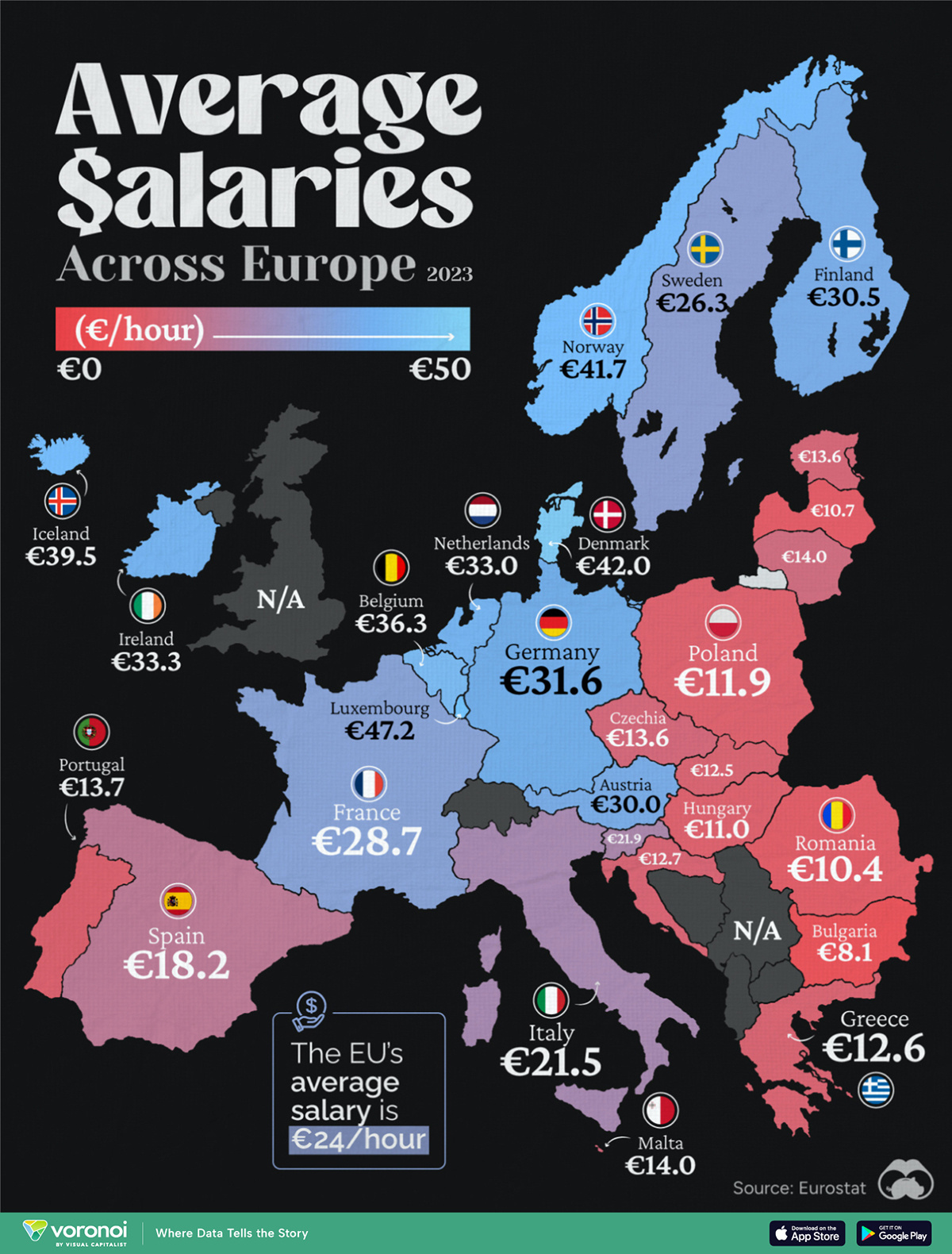 Visualisiert ist hier der durchschnittliche Stundenlohn (in Euro) in Europa. Die Daten stammen von Eurostat und sind bis zum Jahr 2023 aktuell.