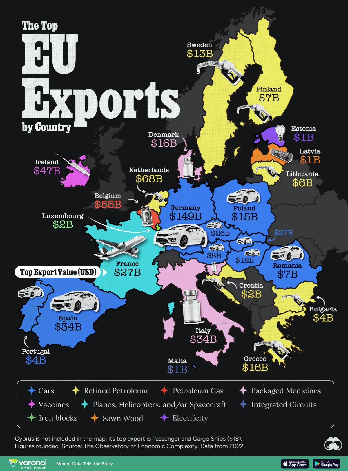 Die Karte zeigt die wichtigsten Exportgüter der EU-Länder ab 2022. Daten: Observatory of Economic Complexity