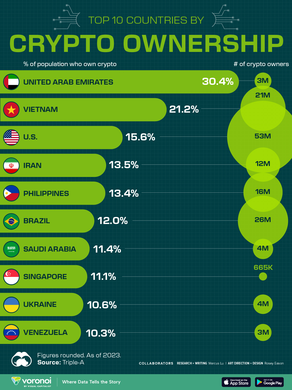 Die Grafik listet die Top-10-Länder nach dem Prozentsatz der Bevölkerung auf, der Kryptowährungen besitzt (2023).