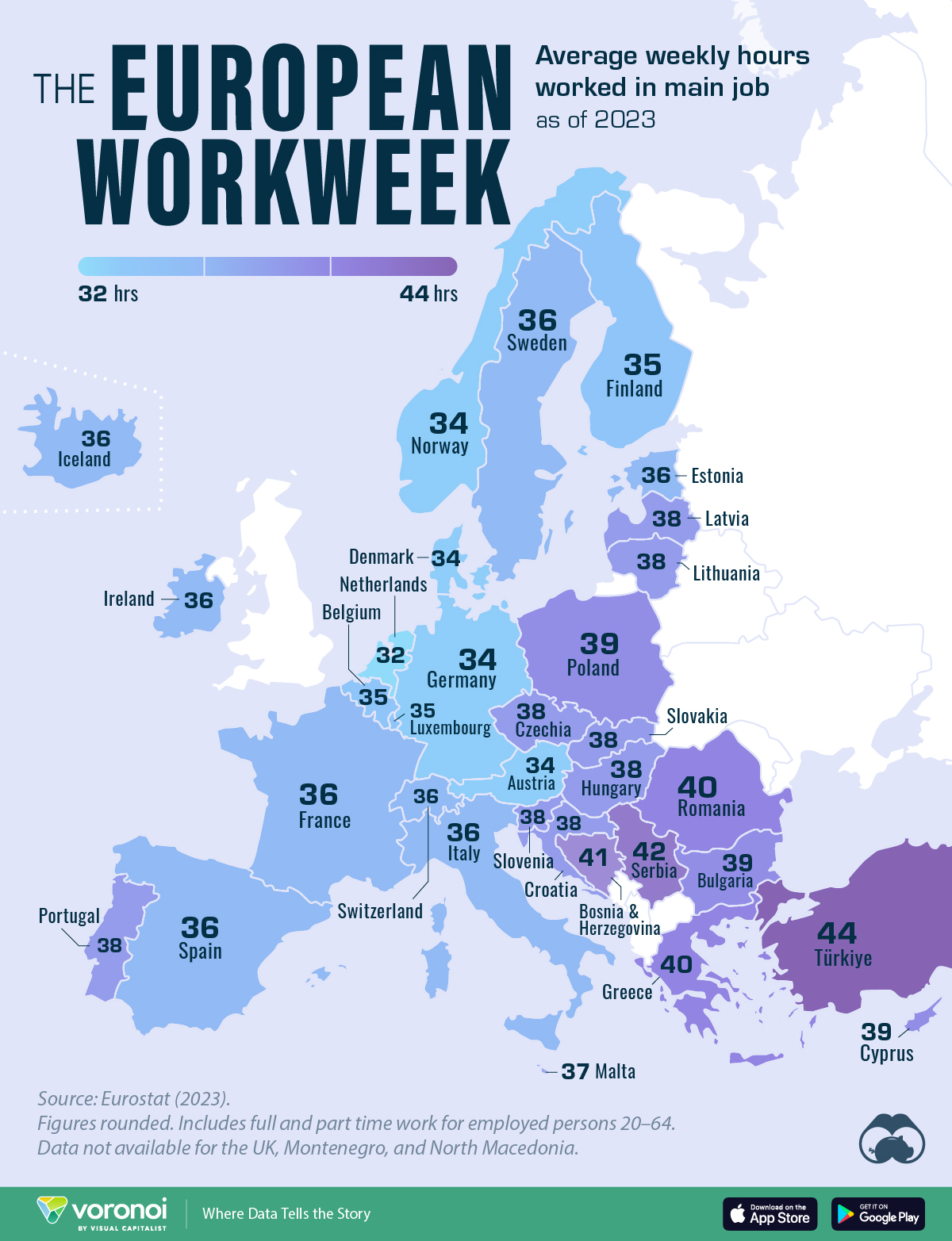 Die Infografik veranschaulicht die durchschnittliche Wochenarbeitszeit der Europäer nach Ländern (Arbeitskräfteerhebung von Eurostat 2023)