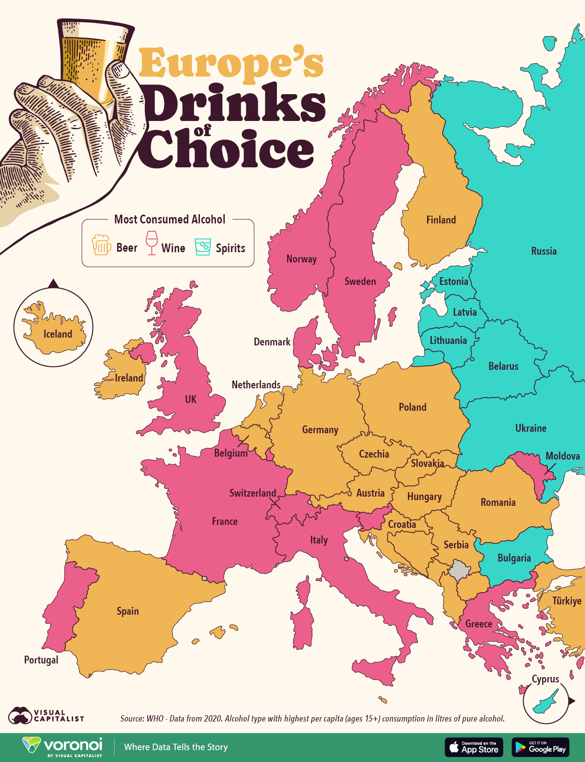Die Infografik zeigt die beliebteste Alkoholart in verschiedenen europäischen Ländern.