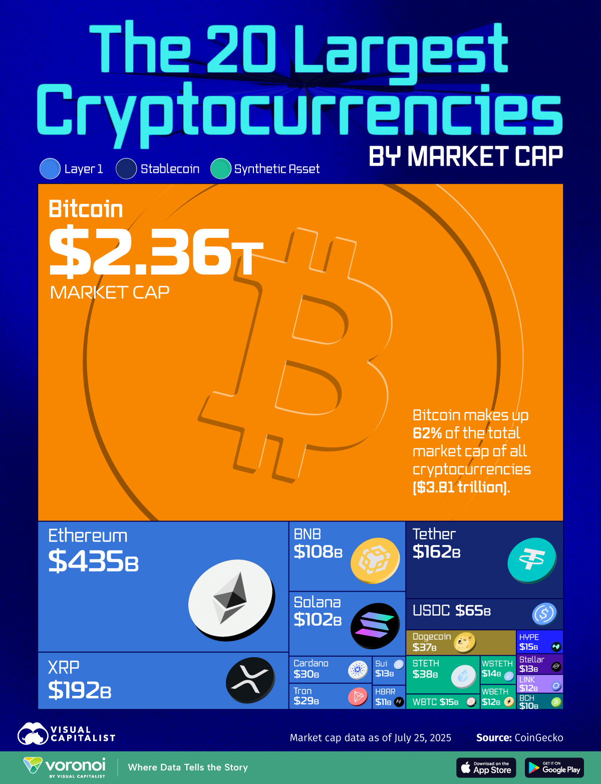 Die Infografik zeigt die 20 wichtigsten Kryptowährungen nach Marktkapitalisierung (Momentaufnahme der Krypto-Hierarchie zum 25. Juli 2025).